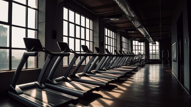 A row of treadmills in a dark room with windows that have the word gym on them.