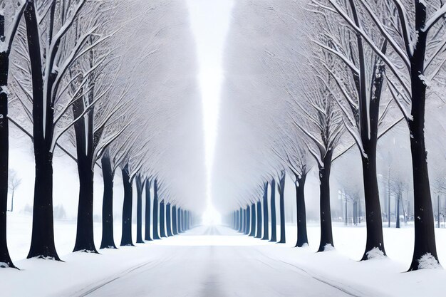 Foto una fila di alberi coperti di neve accanto a una strada