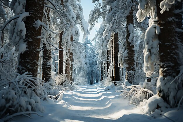 Row of trees in winter forest with falling snow Winter landscape with snow covered row of trees