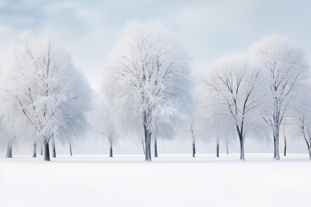 雪が降る冬の木の列