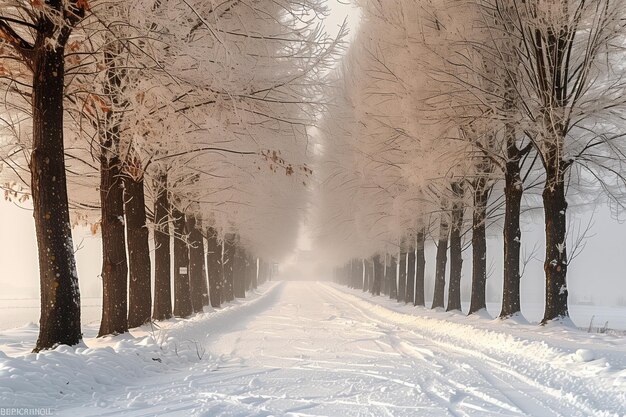 Foto fila di alberi in inverno con la neve che cade