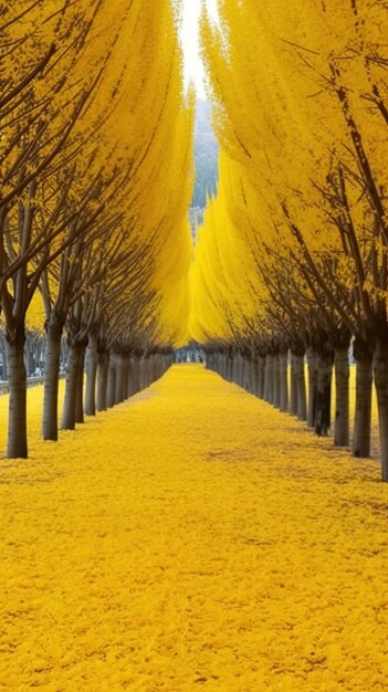 Photo a row of trees with yellow flowers