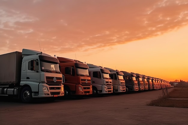 A row of trucks are lined up in a row at sunset.