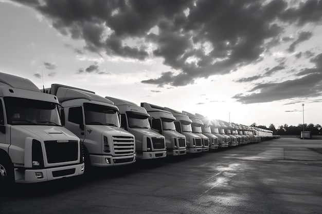 Photo a row of trucks are lined up in a row, with the word freight on the front.