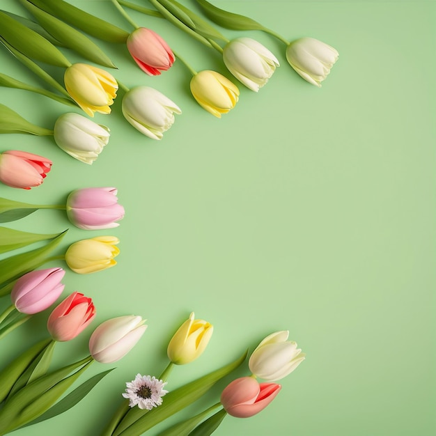 A row of tulips on a green background with a pink one in the middle