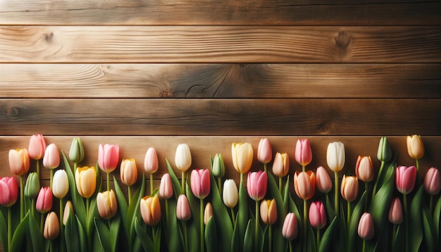 Row of tulips with green leaves