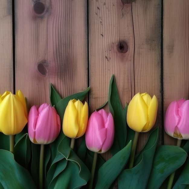 A row of tulips with one pink and yellow on the bottom.