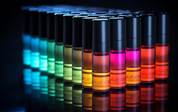 A row of unique colorful perfume bottles lined up on a shelf shining in the light