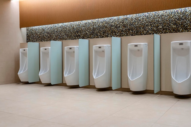 A row of urinals in tiled wall in a public restroom Empty man toilet