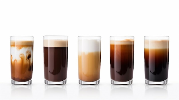 A row of various coffee drinks on a white background Generative AI