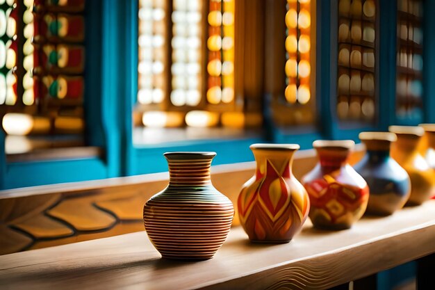 A row of vases on a table with one that has the number 3 on it