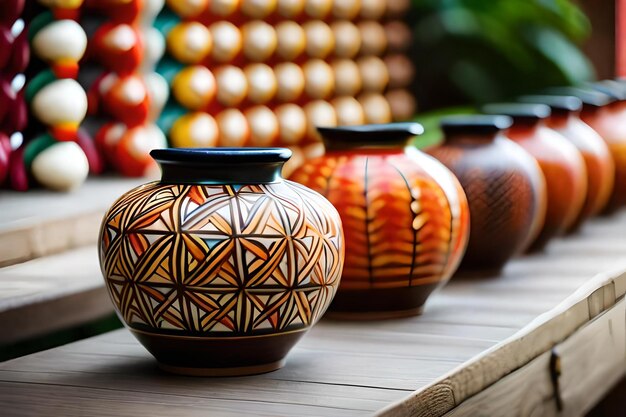 A row of vases with a colorful pattern on them