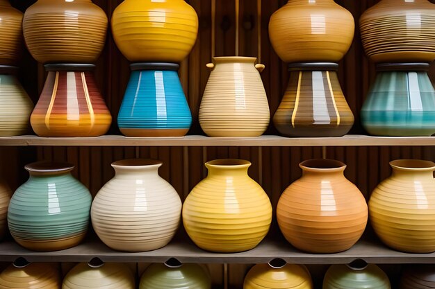 A row of vases with different colors and shapes