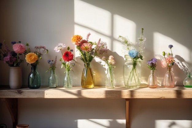 A row of vases with flowers on a shelf