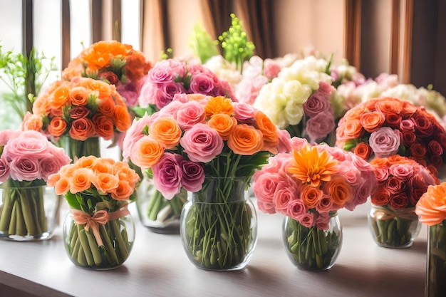 a row of vases with flowers in them including pink orange and white
