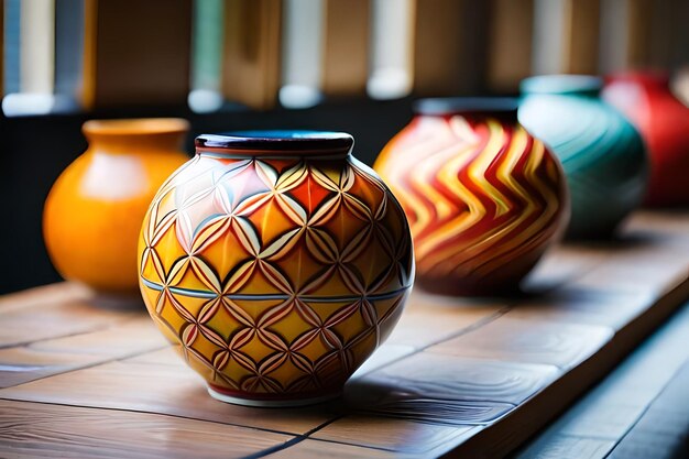 A row of vases with geometric shapes and lines