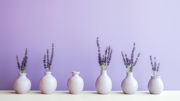 A row of vases with lavender flowers in them