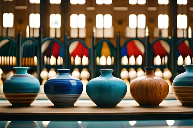 A row of vases with the word