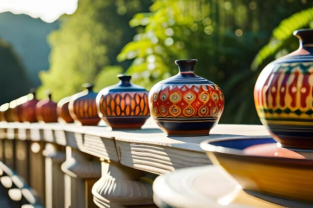 A row of vases with a yellow and red design on the front