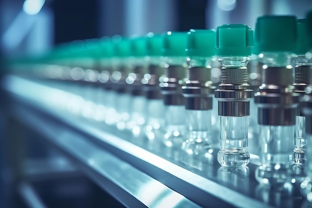 A row of vials with green caps are lined up on a conveyor belt.
