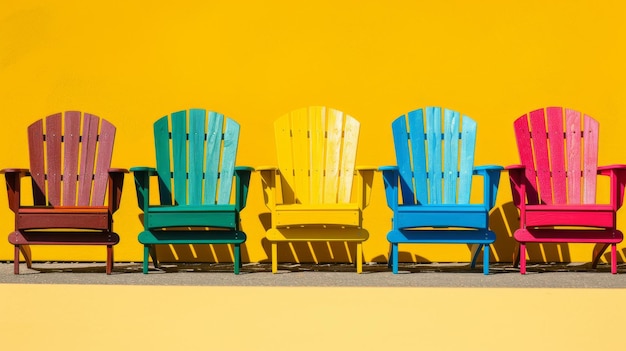 Photo a row of vibrant chairs against a yellow wall