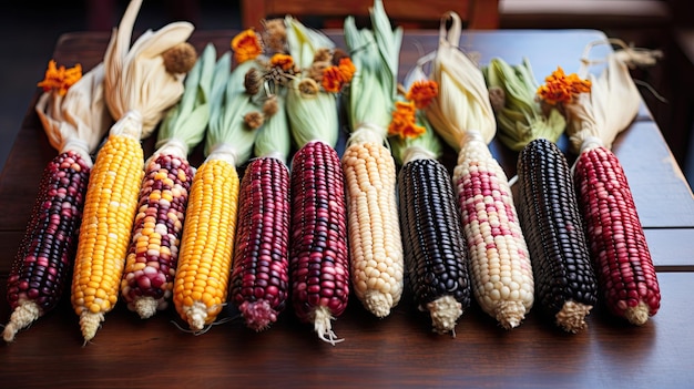 Photo row of vibrant multicolored corn indian style