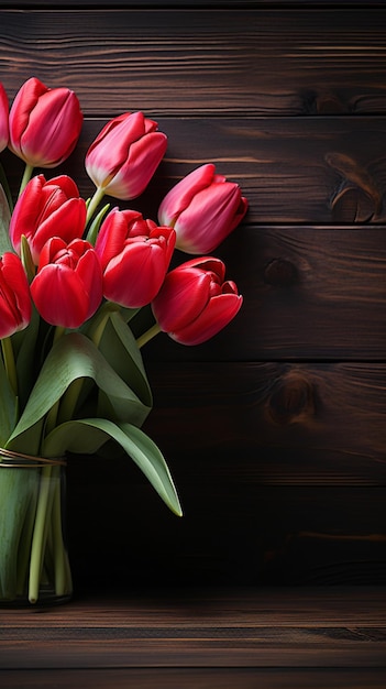 Ряд ярких красных тюльпанов на деревянной поверхности в просторной обстановке Вертикальные обои для мобильного телефона