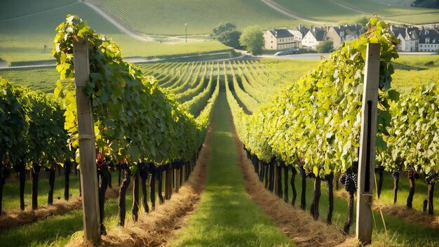 Photo row vine grape in champagne vineyards at montagne de reims countryside village