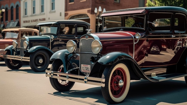 A row of vintage cars with a license plate that says x7.