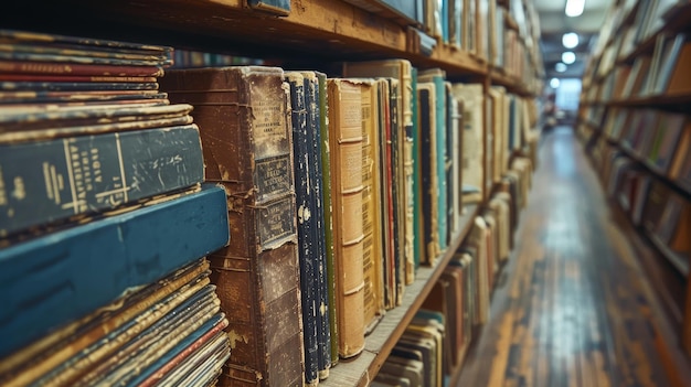 Photo a row of vintage library record books on a shelf generative ai