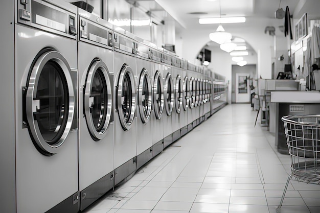 ランドリールームに並ぶ洗濯機 AI技術生成画像