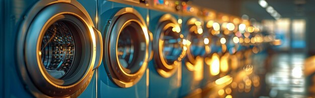 Photo row of washing machines in a laundry room