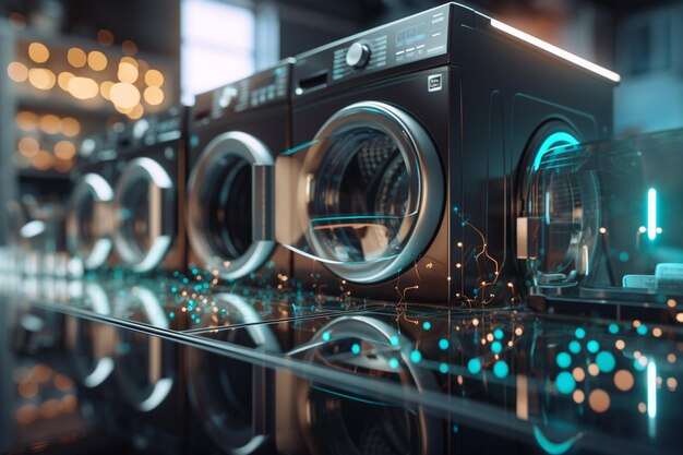 A row of washing machines with the number 1 on the front.