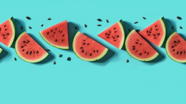 A row of watermelon slices on a blue background