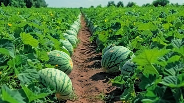 A row of watermelons are lined up in a field.