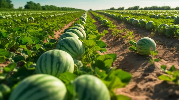 A row of watermelons on a field