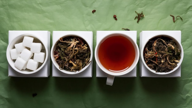 Photo row of white boxes with sugar cubes and herbal tea on green paper backdrop