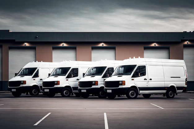 Photo row of white cargo van standing in parking lot along large shop