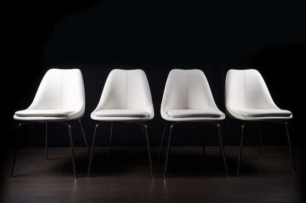 A row of white chairs are lined up against a black wall.