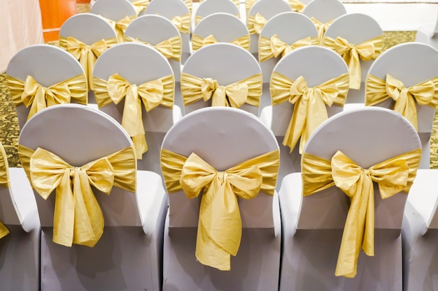 Row of white chairs decorated with gold ribbons