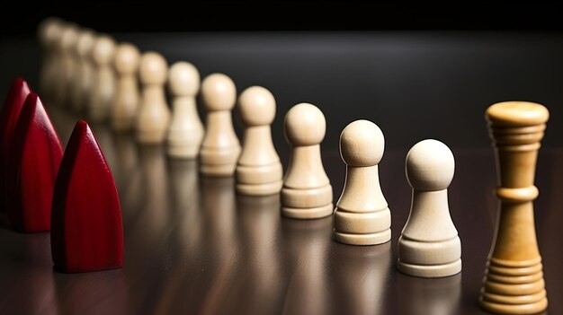 a row of white chess pieces with one that has a wooden one on the bottom