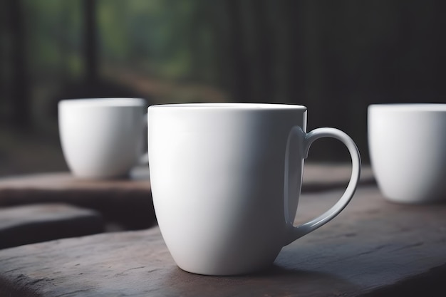 A row of white coffee cups sit on a table in front of a forest.