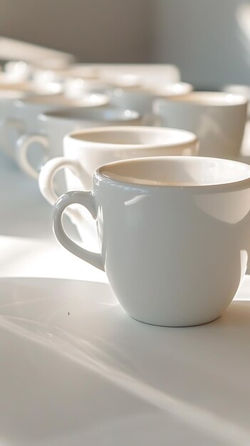 a row of white coffee cups on a table with the words coffee in the middle