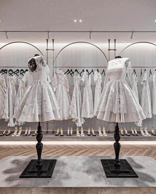 A row of white dresses on display in a store