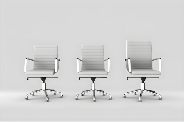 A row of white leather office chairs with the word " on the side "