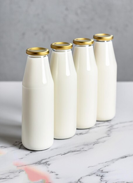 A row of white milk bottles with gold caps on them.