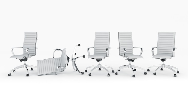 Ряд белых офисных стульев с надписью «Я босс».