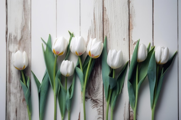 A row of white tulips on a white wooden table.