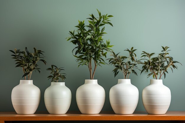 A row of white vases with a plant in the middle.