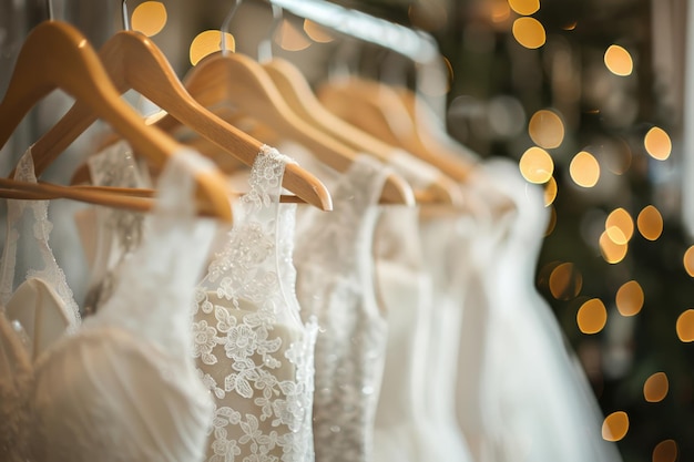 Photo a row of white wedding dresses hanging on hangers